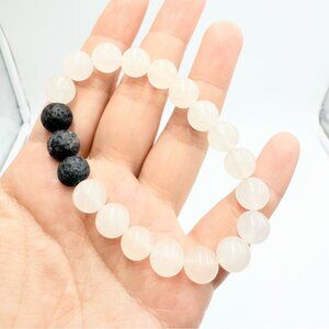 Clear Cream Quartz Black Lava Bracelet Beaded Stretch Bracelet